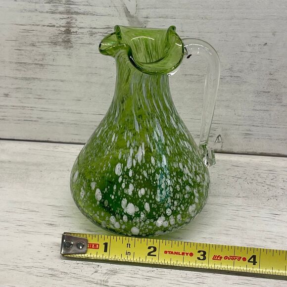 Vintage Green & White Speckled Hand Blown Mini Glass Pitcher Applied Handle - Picture 9 of 9